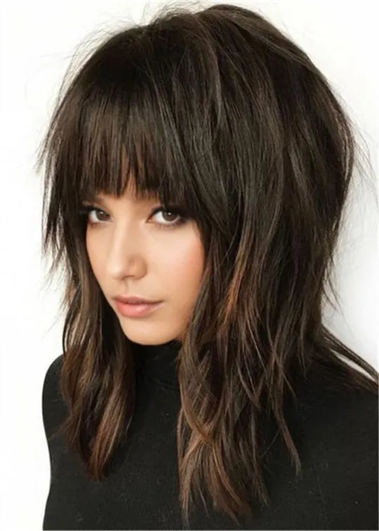 Long Straight Hairstyle Shag With Bangs Synthetic Hair Wowmen Wig 16 Inches