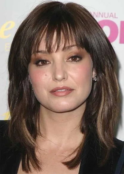 Medium Hairstyles Women's Natural Straight Layered Synthetic Hair Capless Wigs With Bangs 16Inch