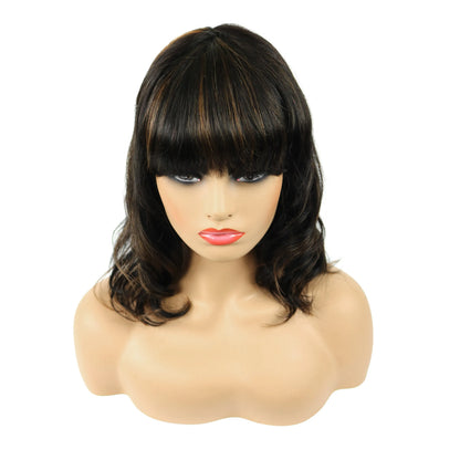 Beautiful Medium Natural Straight Mixed Dark Brown 100% Human Hair Capless Wig 14 Inches