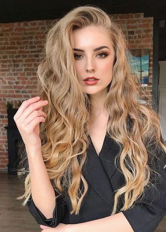 120% Density Women's Long Length Blonde Color Body Wave Natural Looking Synthetic Hair Capless Wigs 24Inch