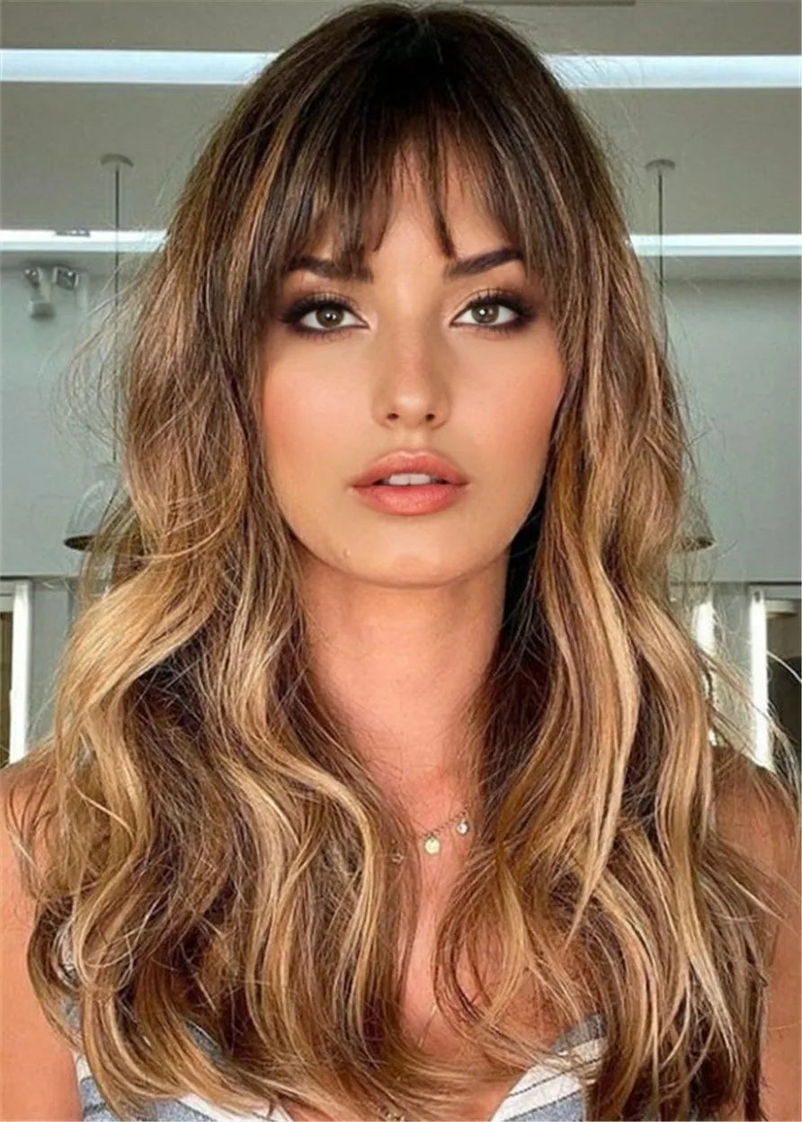 Balayage Hairstyle Long Wavy Human Hair With Bangs Women Wig 26 Inches