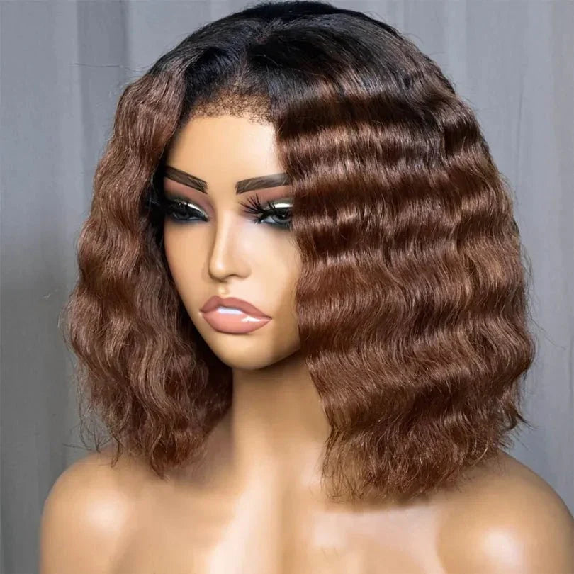 Chic Mid-part Lace Kinky Wave Wigs in Ombre Brown