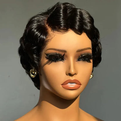 Retro Style Pixie Cut Finger Wave Wigs in Jet Black